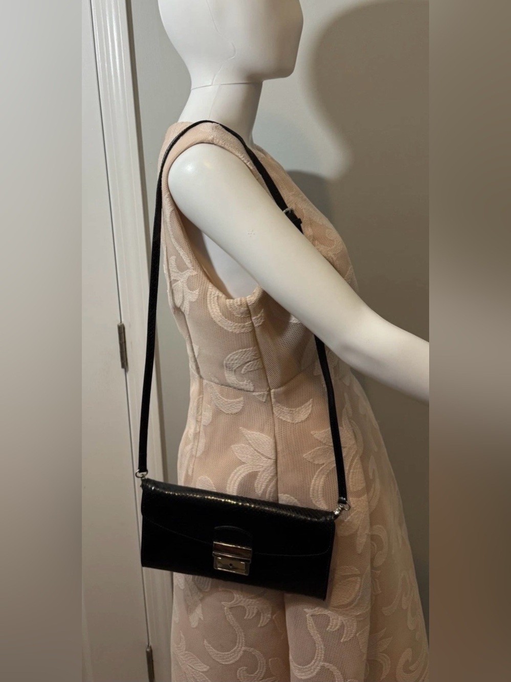 Doncaster Italy Black Leather Crossbody Bag Convertible Croc Embossed Vintage - Picture 3 of 16
